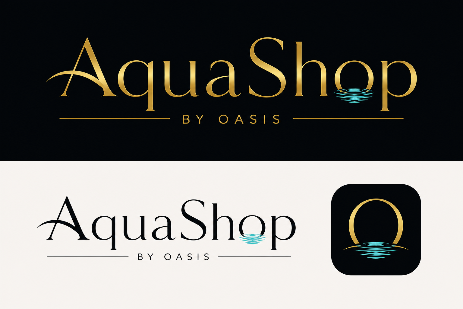 AquaShop by OASIS logo concept sheet with gold and black variants and aqua water reflections